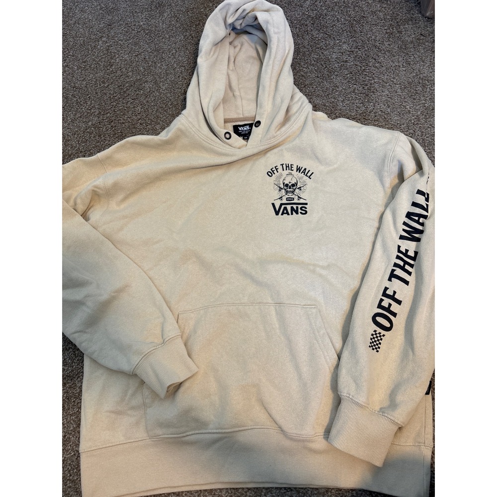 Vans Hoodie Mens M Cream Excellent Skull Skateboard Graphic Off The Wall Sleeve